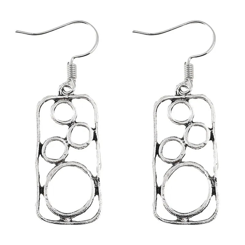Geometric round earrings with irregular square design in antique silver finish