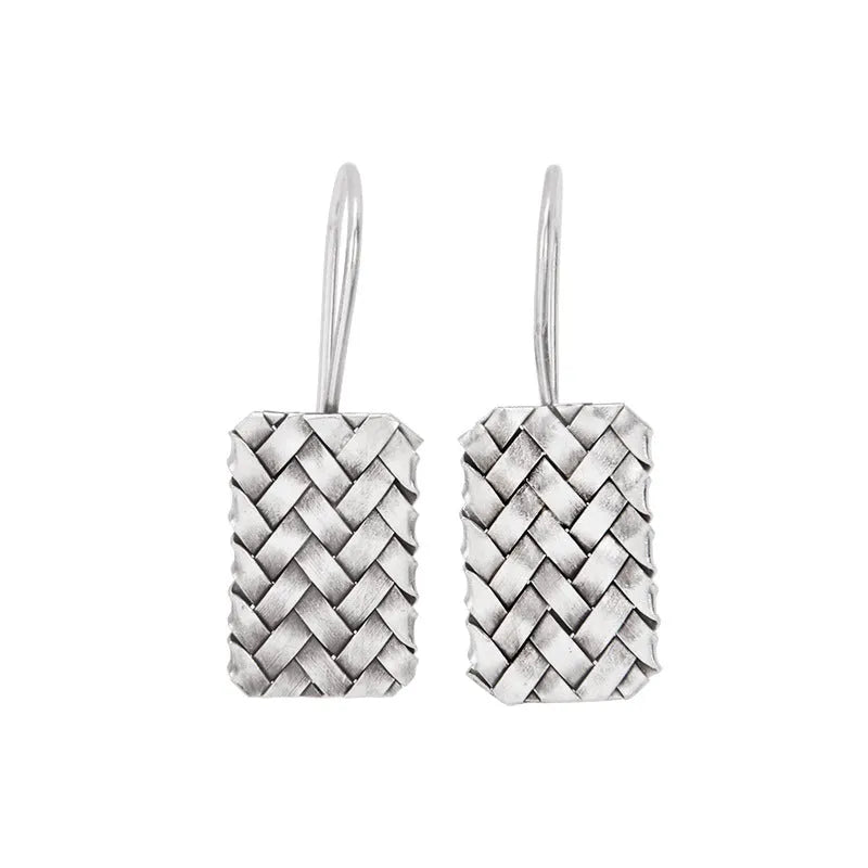 925 silver geometric woven plaid diamond earrings measuring 17.5mm by 11mm