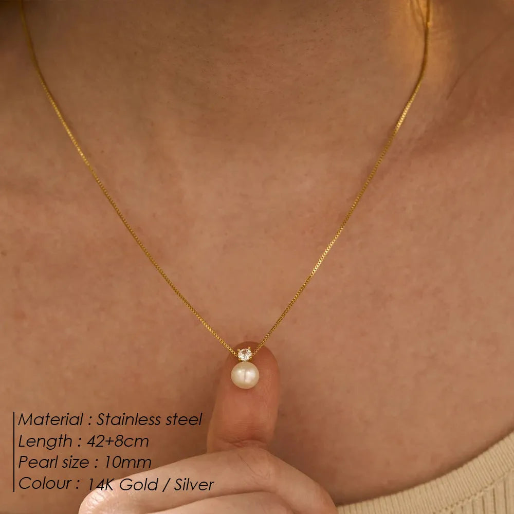 Simple stainless steel necklace with imitation pearl and zircon pendant on box chain