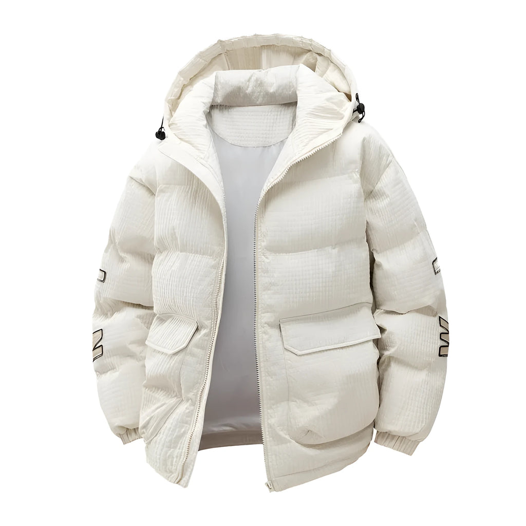 Men's black winter coat with hood and side pockets in Korean-style design