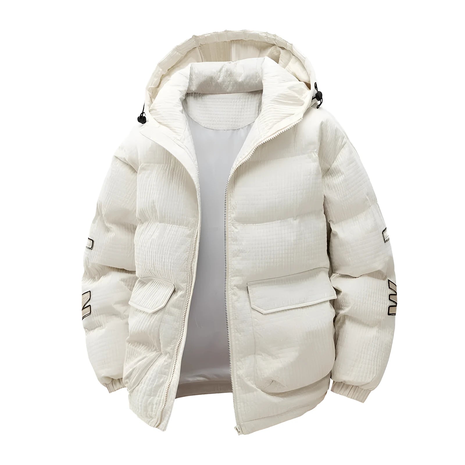 Men's black winter coat with hood and side pockets in Korean-style design