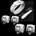 White PU sponge bondage restraint set showing handcuffs, footcuffs, and neck scarf components