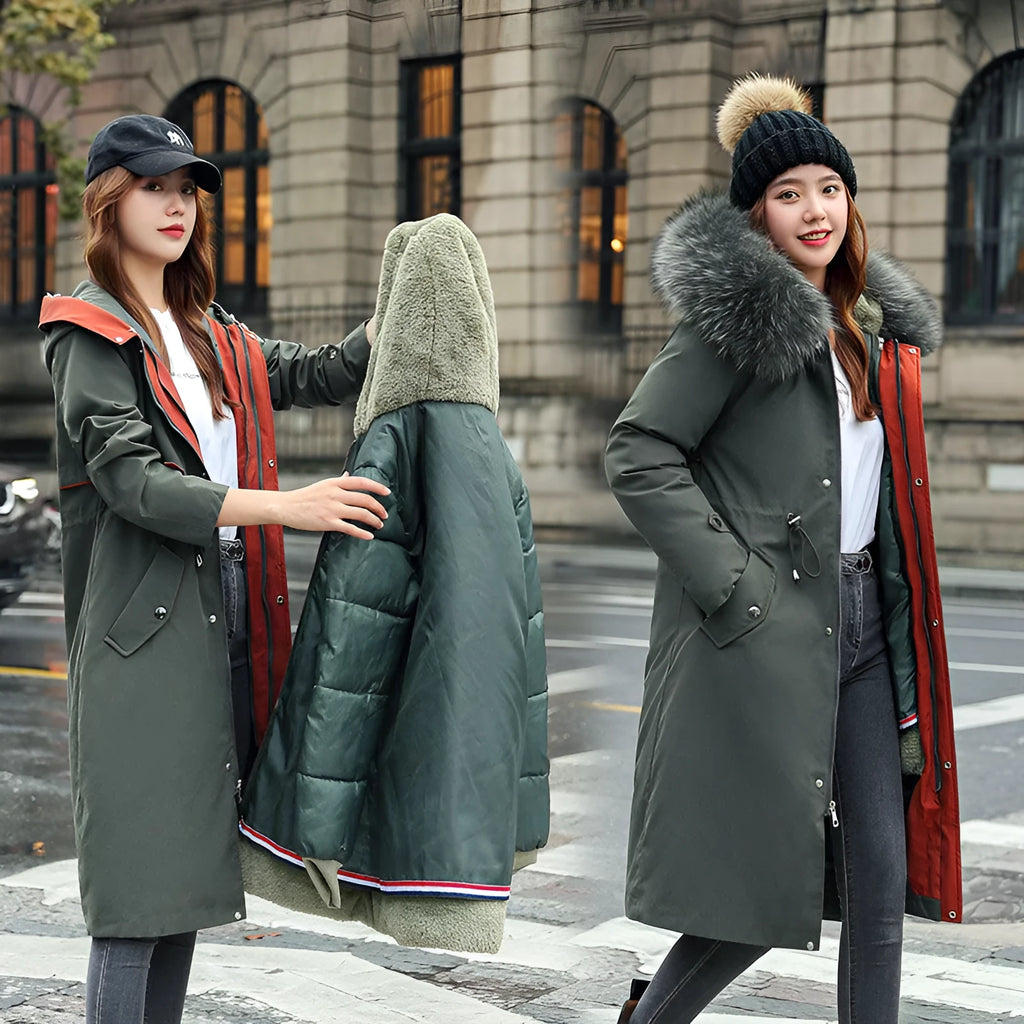 Women's long beige trench coat with a two-way zip and extended length, shown in an elegant style.