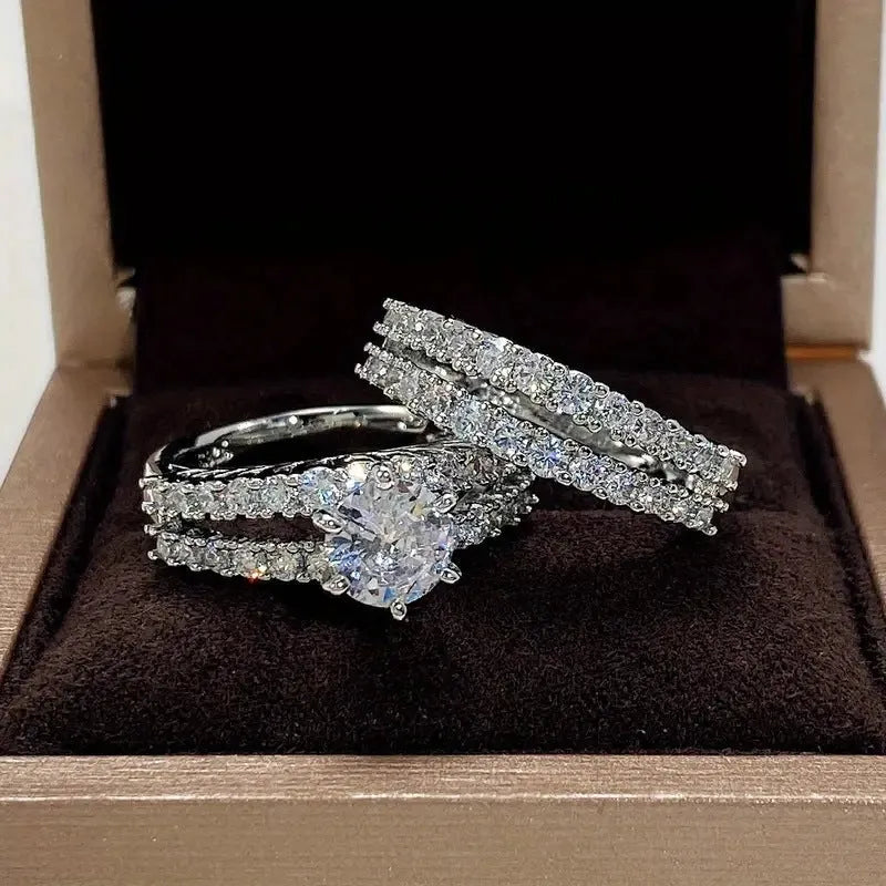 2 in 1 female ring set with fashion and fully-jewelled designs in three metallic colours