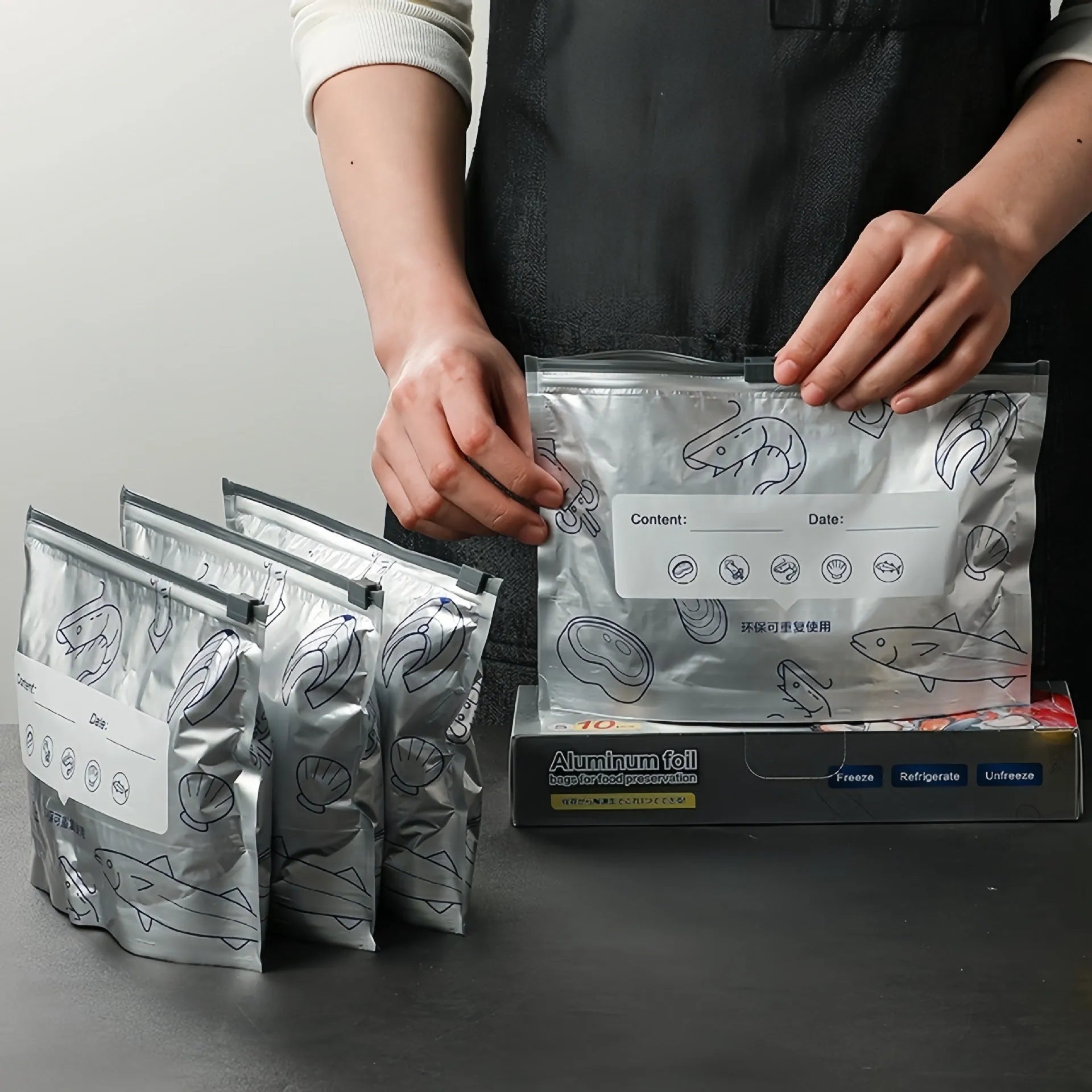 Aluminium foil sealed bags in three sizes for food storage with heat resistance properties