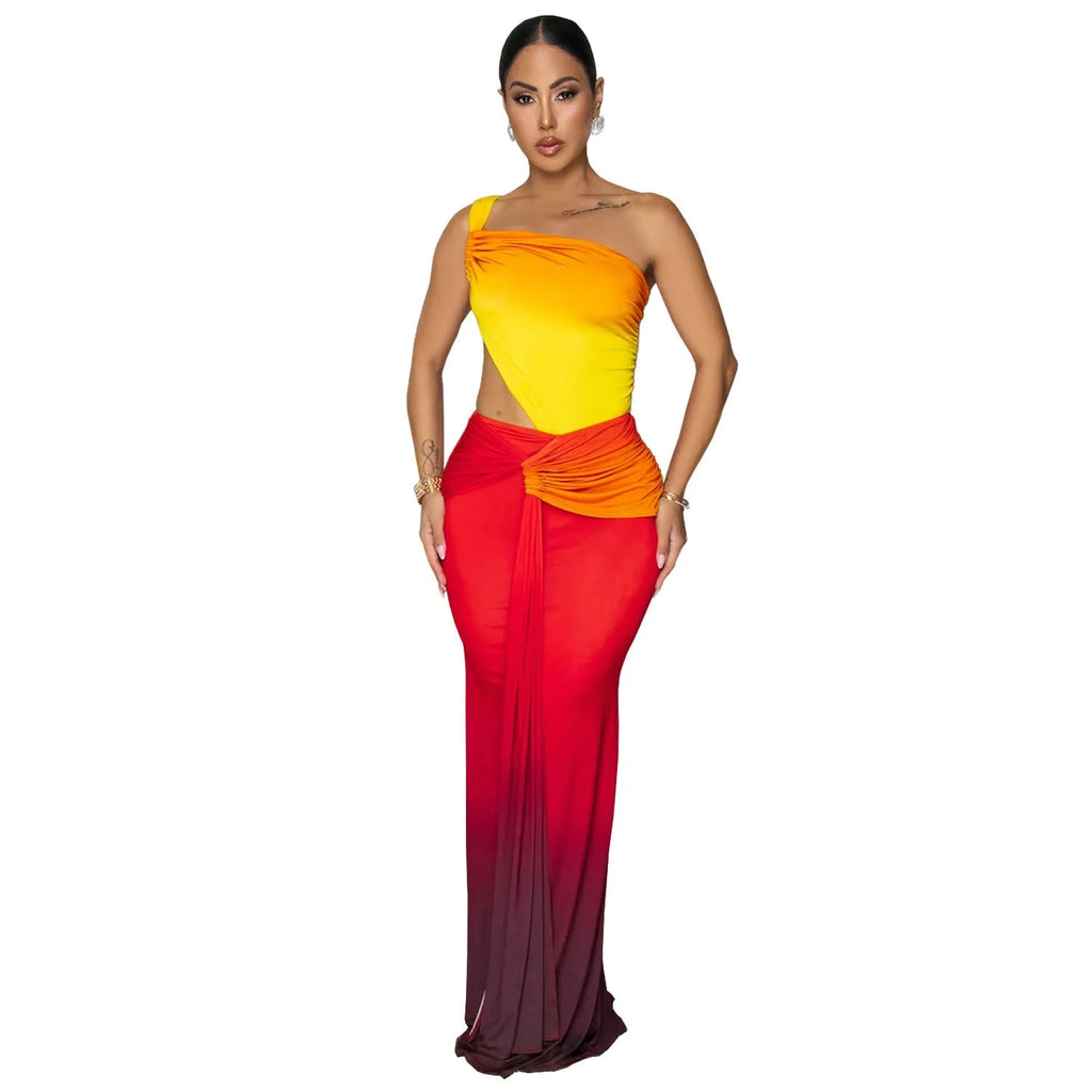 Gradient colour long dress with oblique shoulder design and high waist