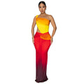 Gradient colour long dress with oblique shoulder design and high waist
