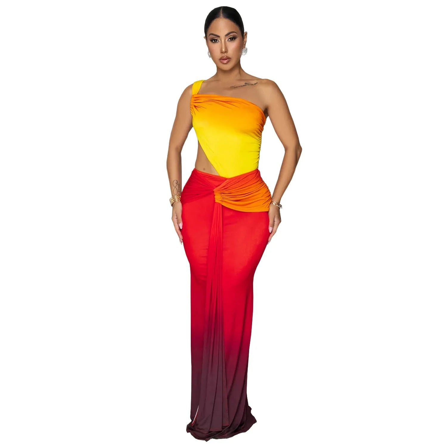 Gradient colour long dress with oblique shoulder design and high waist