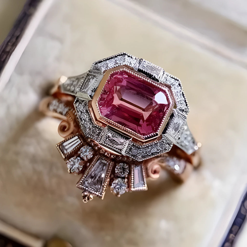 Rose gold geometric women's fashion ring with ruby detail in retro European and American style