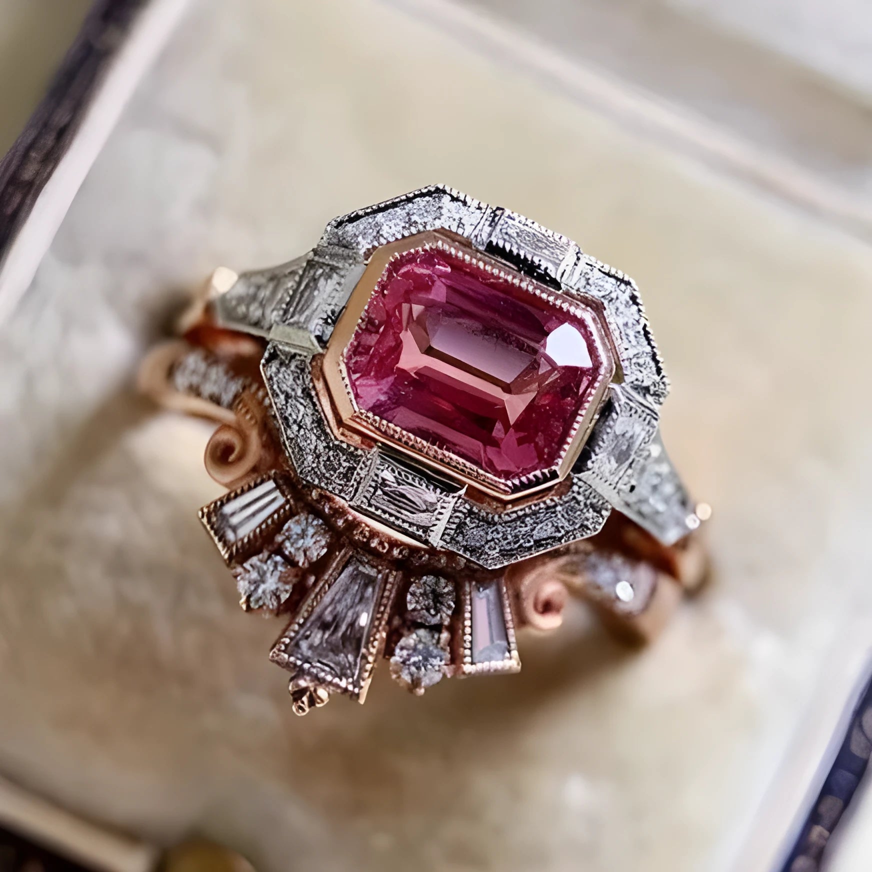 Rose gold geometric women's fashion ring with ruby detail in retro European and American style