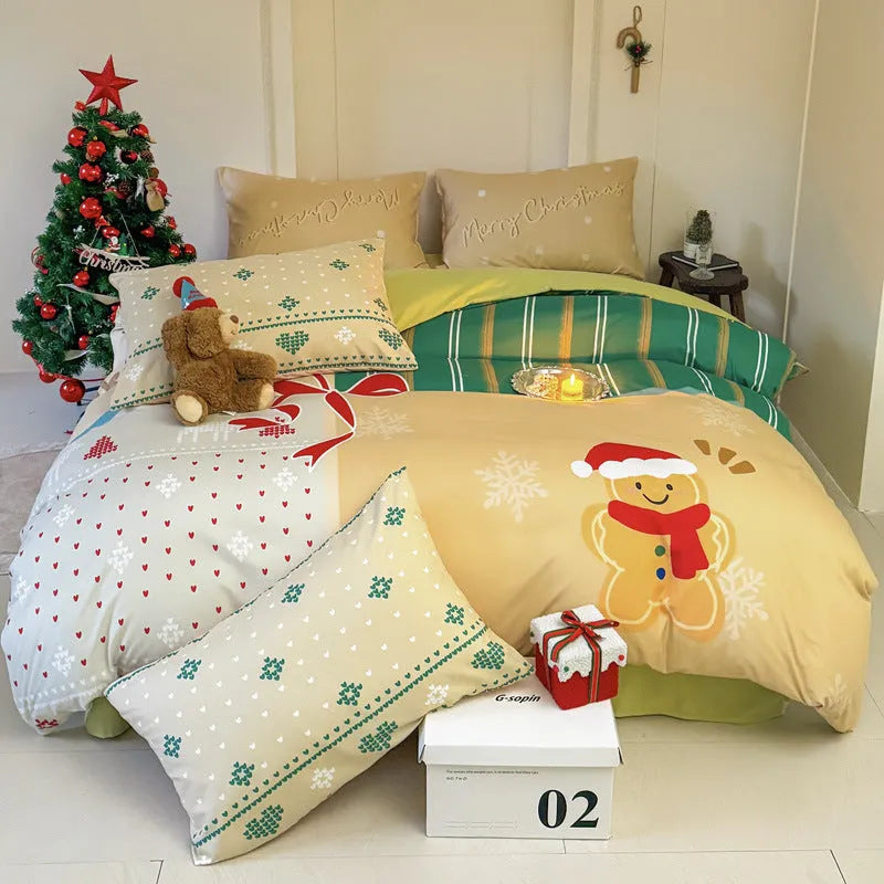 Christmas cartoon printed bedding four-piece set showing gingerbread man design on super soft washed cotton
