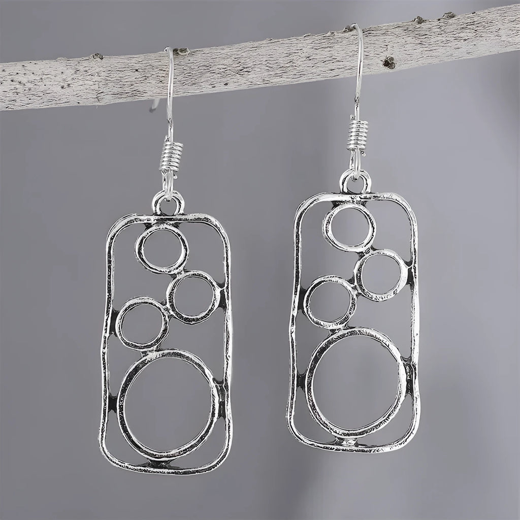 Geometric round earrings with irregular square design in antique silver finish