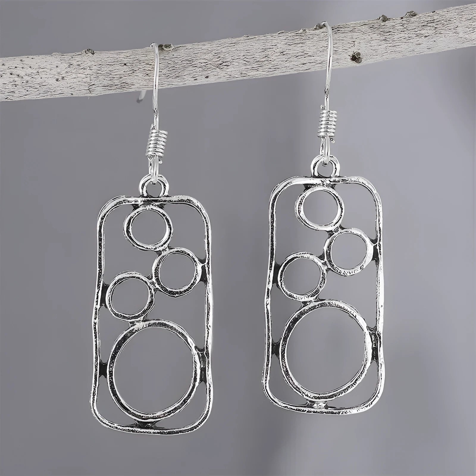 Geometric round earrings with irregular square design in antique silver finish