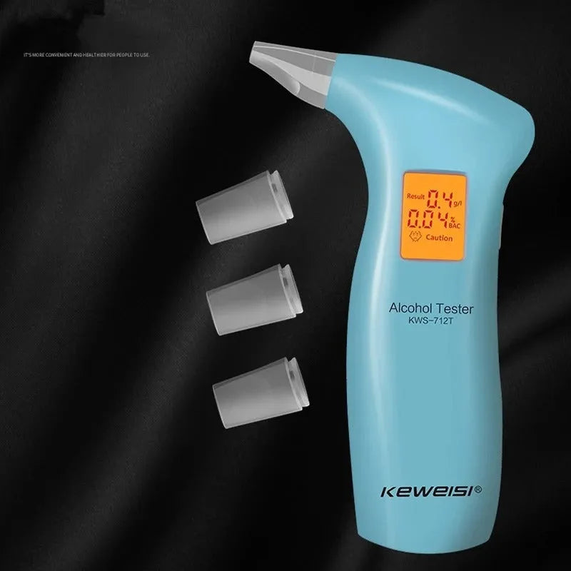 Portable orange light breath alcohol tester with replaceable mouthpieces on a grey background