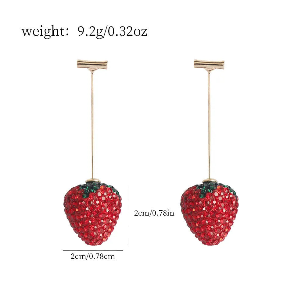 Geometric strawberry-shaped stud earrings with spot drill crystal details in red colour option