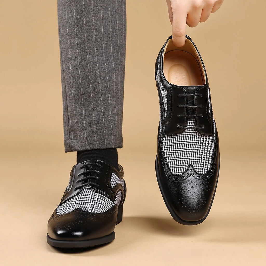 Men's black houndstooth pattern casual shoes with square toe and lace-up front on a rubber sole.