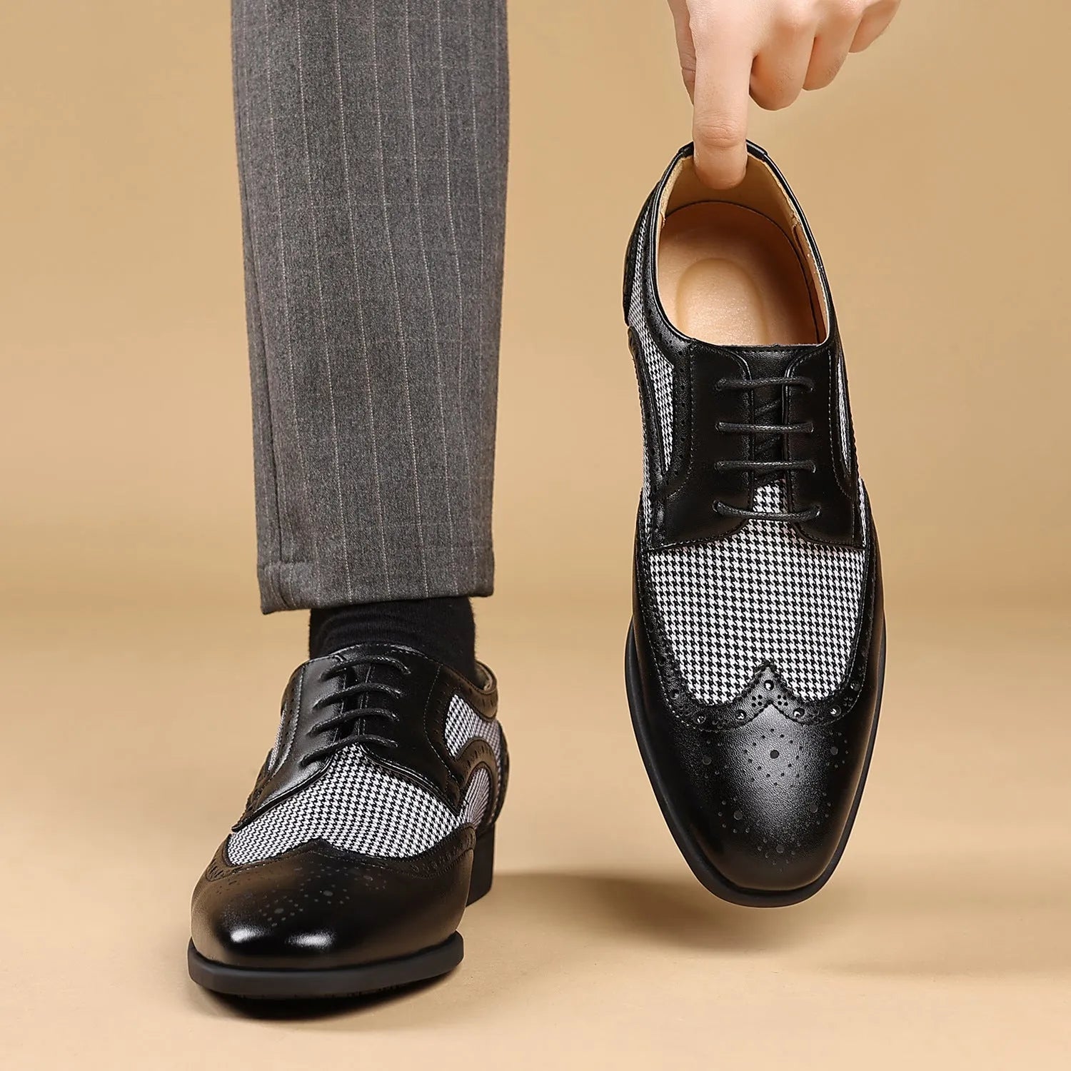Men's black houndstooth pattern casual shoes with square toe and lace-up front on a rubber sole.