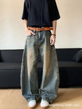 Men's retro blue distressed wide-leg denim trousers with machete styling detail