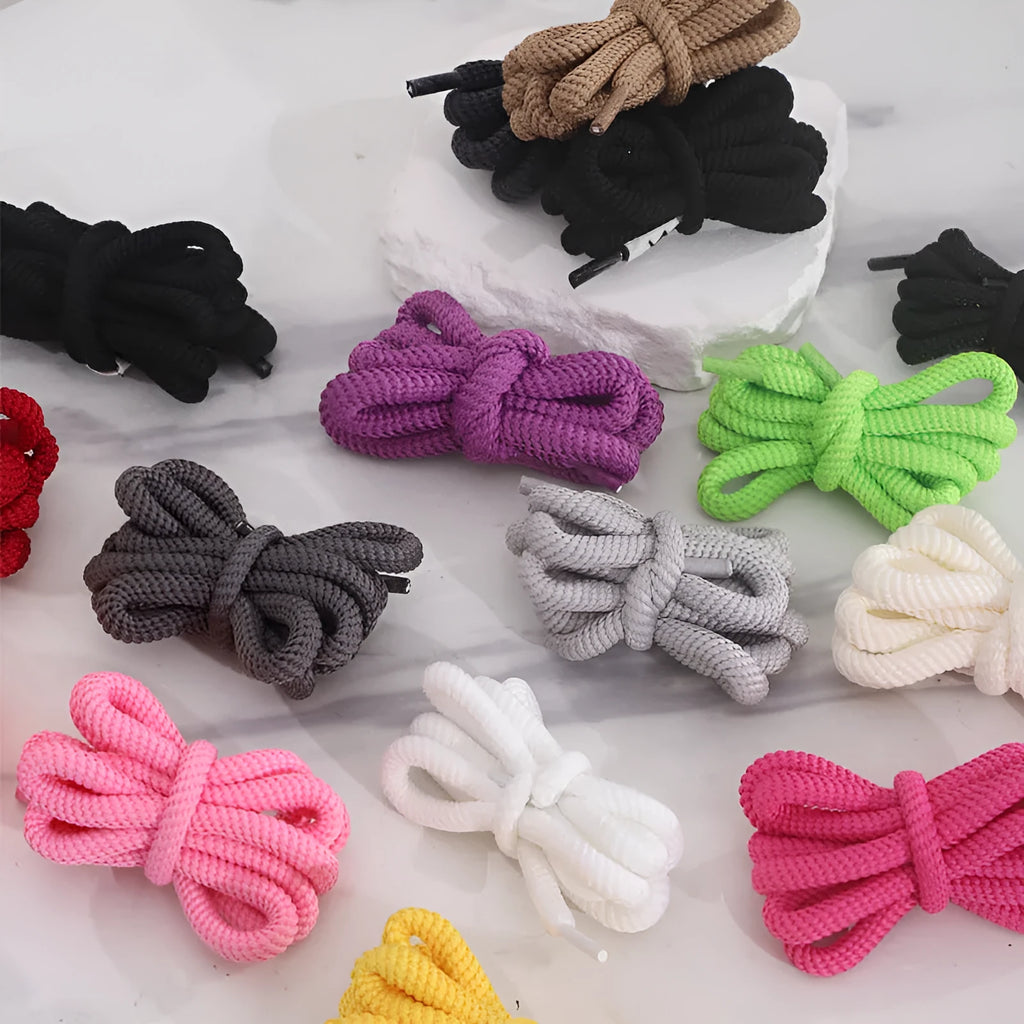 Oval shoelace rope in multiple colours showing length options from 120cm to 160cm for sneaker replacement