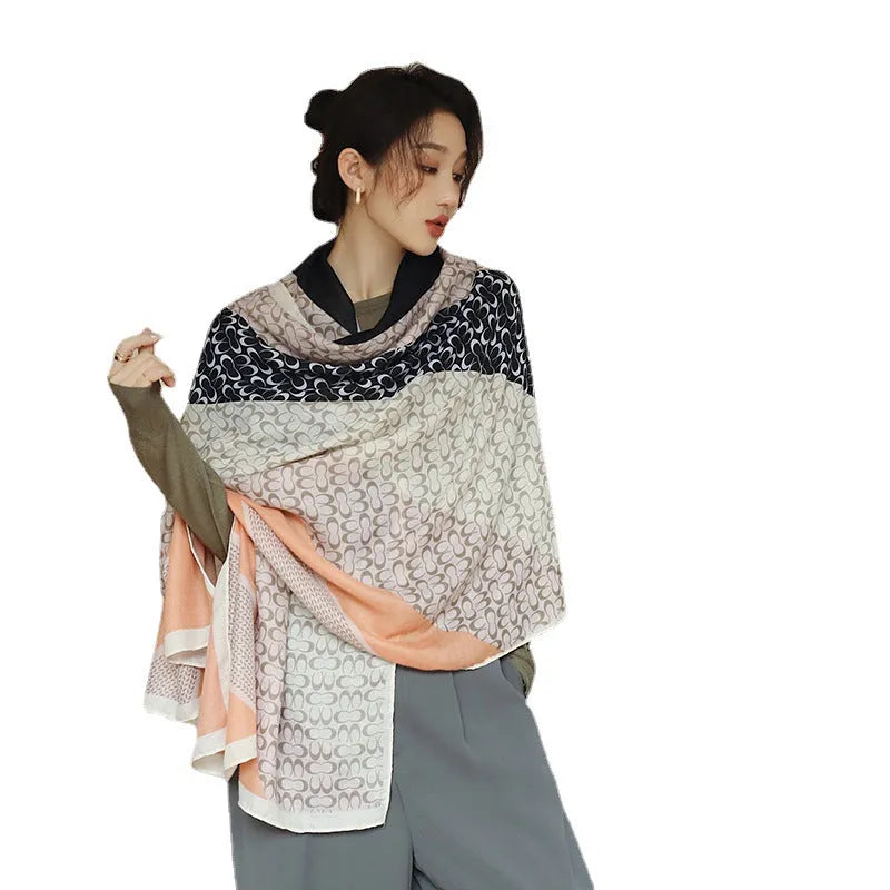 Polyester women's printed shawl scarf with vintage patterns measuring 180 x 90 cm