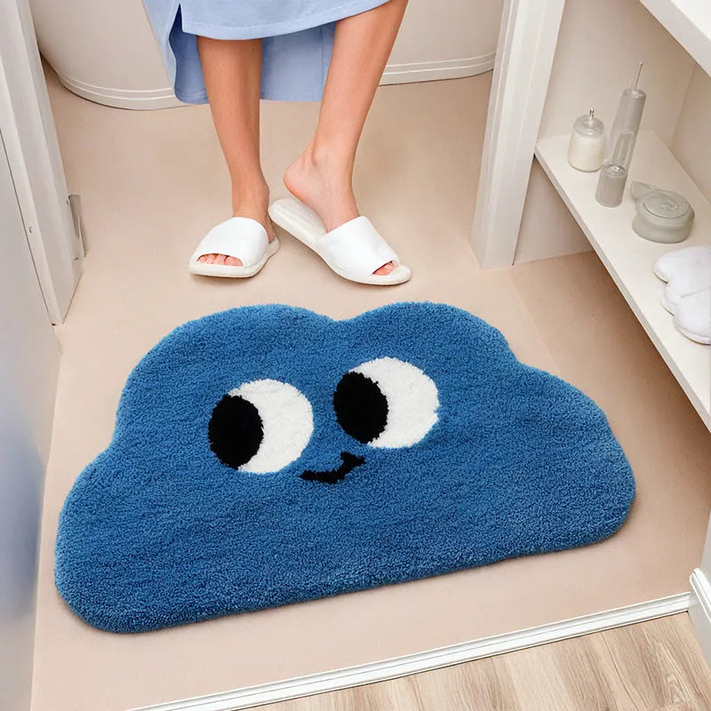 Cartoon big eye clouds pattern on a soft, coloured polyester fibre bathroom mat.