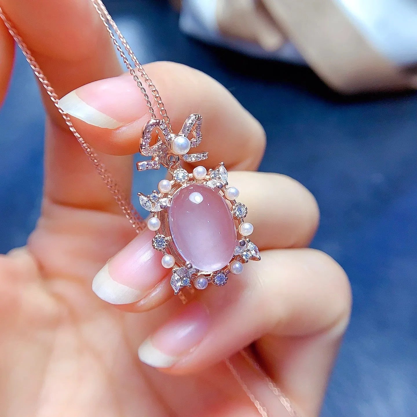 Rose quartz geometric pendant on rose gold plated silver chain necklace