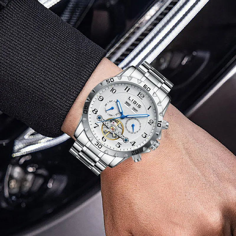 Men's silver stainless steel automatic perpetual calendar mechanical watch with business style design