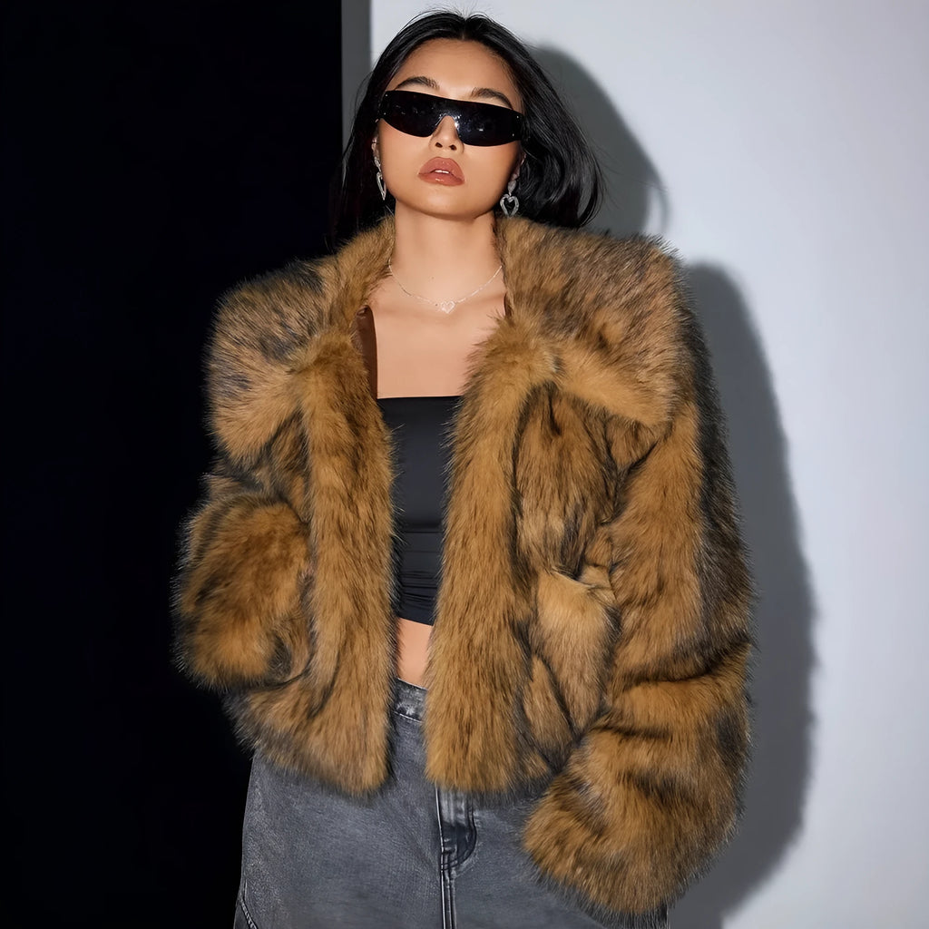 Short black artificial fur coat with a large fur collar, shown on a model.