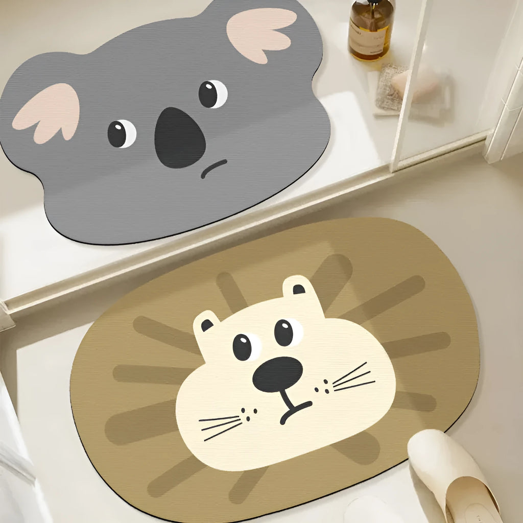 Cartoon animal pattern diatom ooze absorbent non-slip bathroom mat in brown bear design.