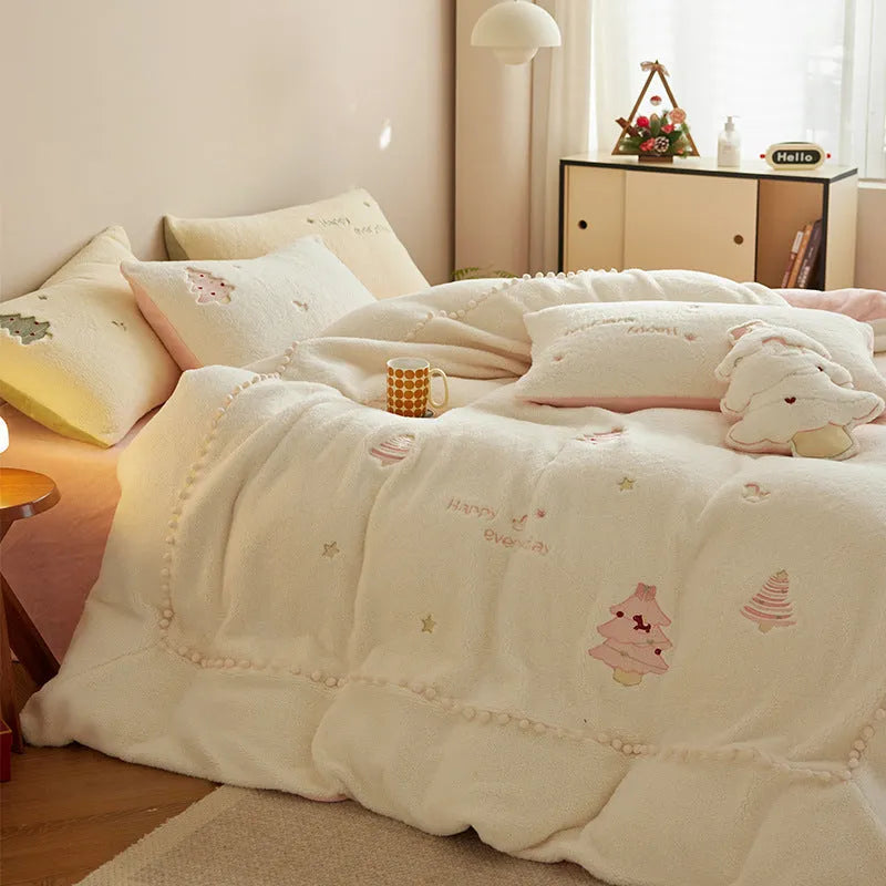 Green Christmas Tree pattern milk fibre bedding four-piece set with quilt cover and pillowcases