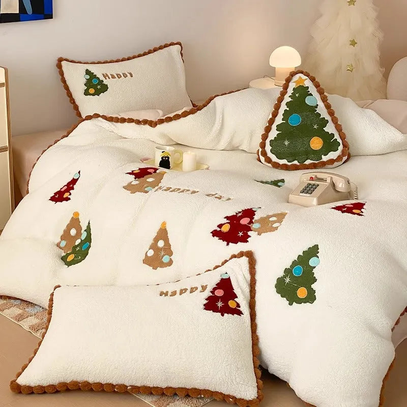 Bright yellow Christmas tree embroidery bedding set with fleece lining, showing quilt cover and pillowcases