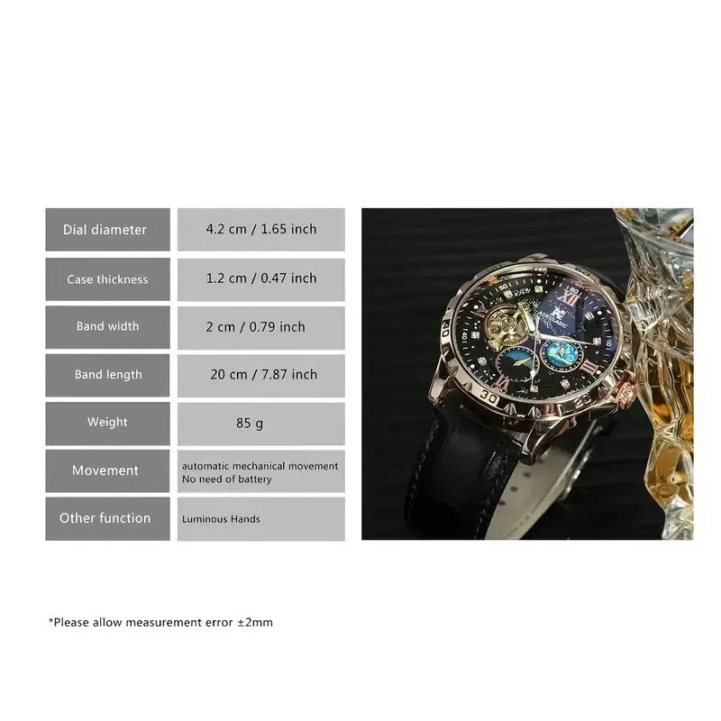Men's rose gold skeleton automatic watch with black leather strap showing mechanical movement