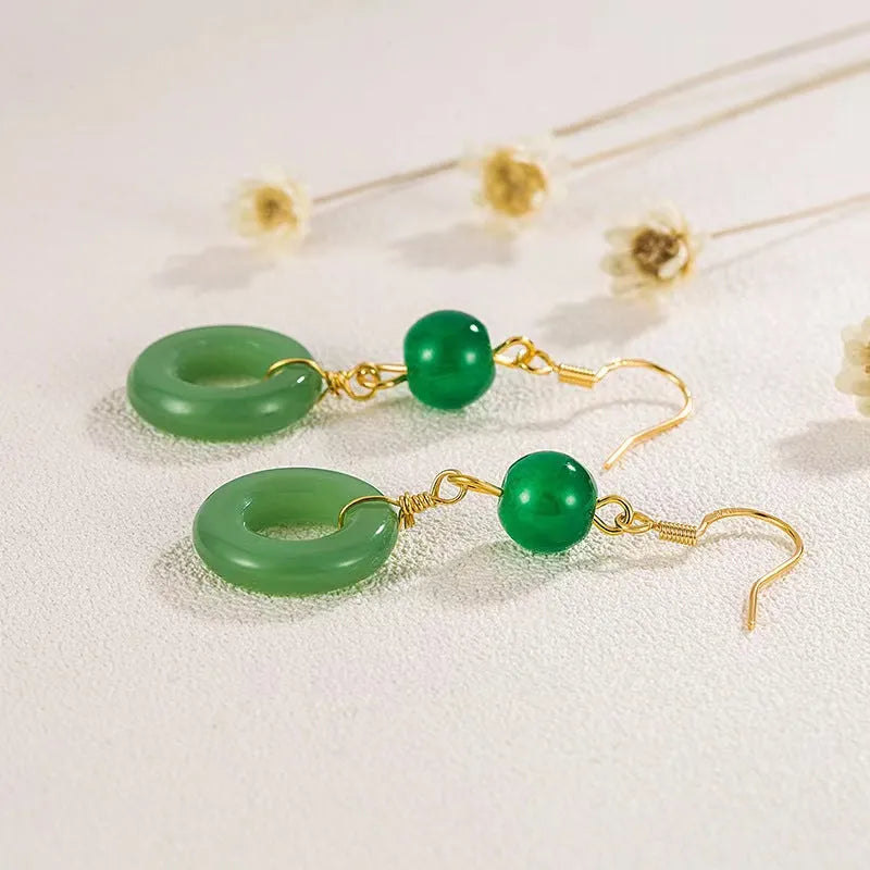 Green jade design peace buckle shaped Chinese style earrings with zinc alloy construction