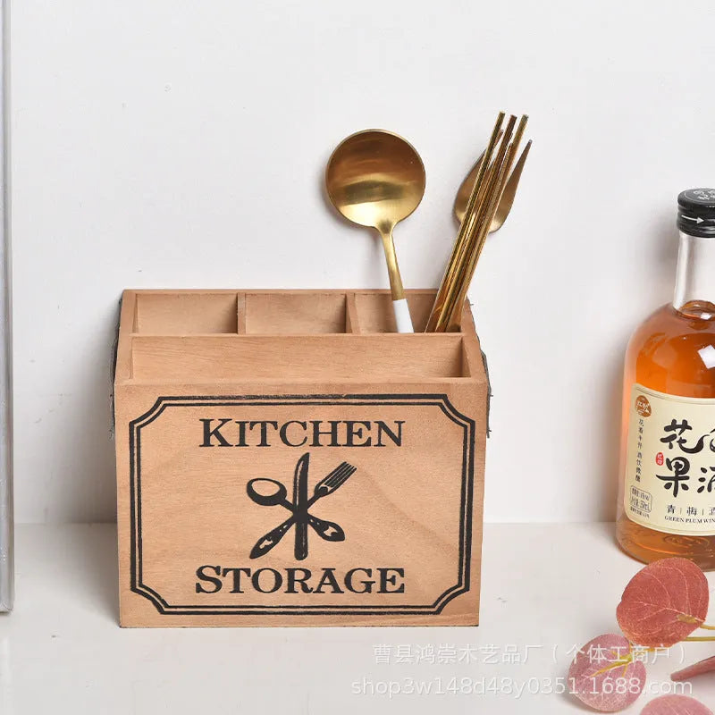 Wooden kitchen storage box with grid compartments for knives forks chopsticks