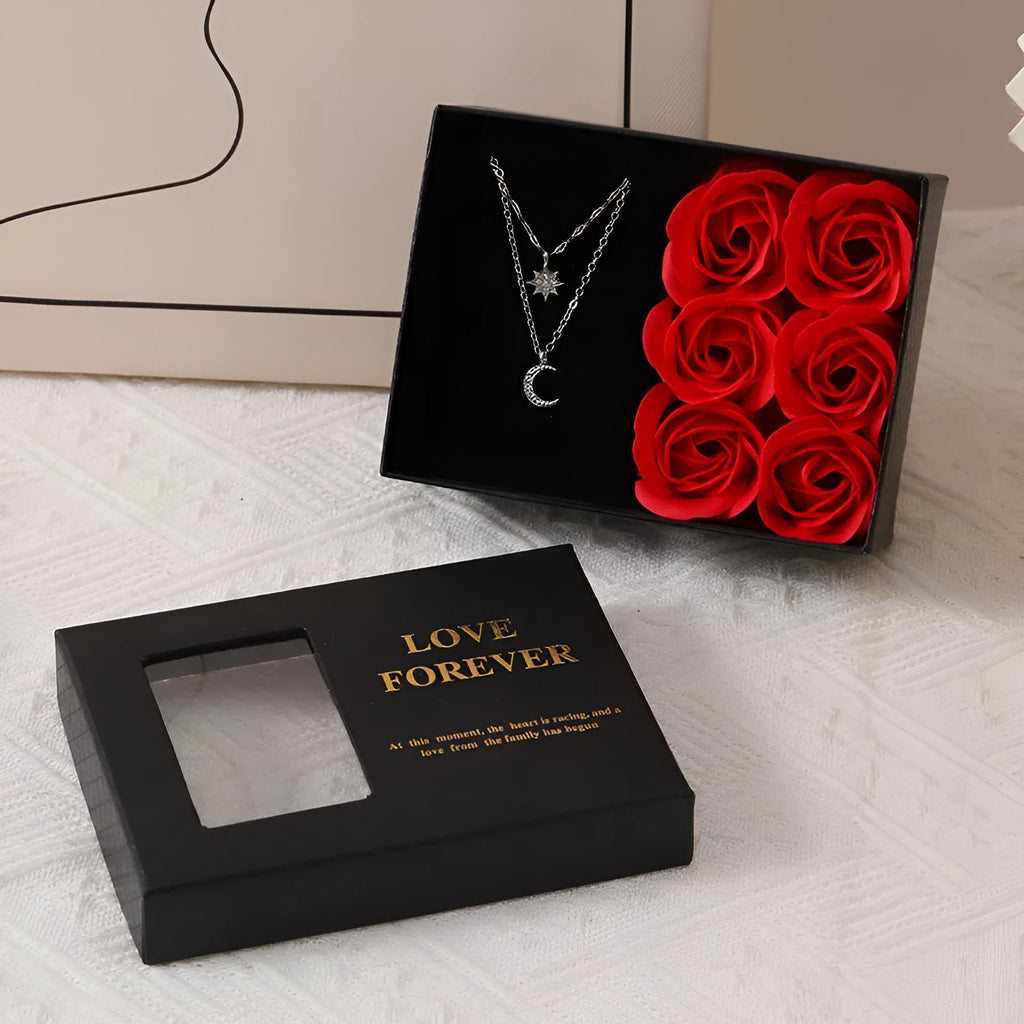 Korean style soap flower gift box set with six roses in red, pink, or black, including a presentation box and handbag.