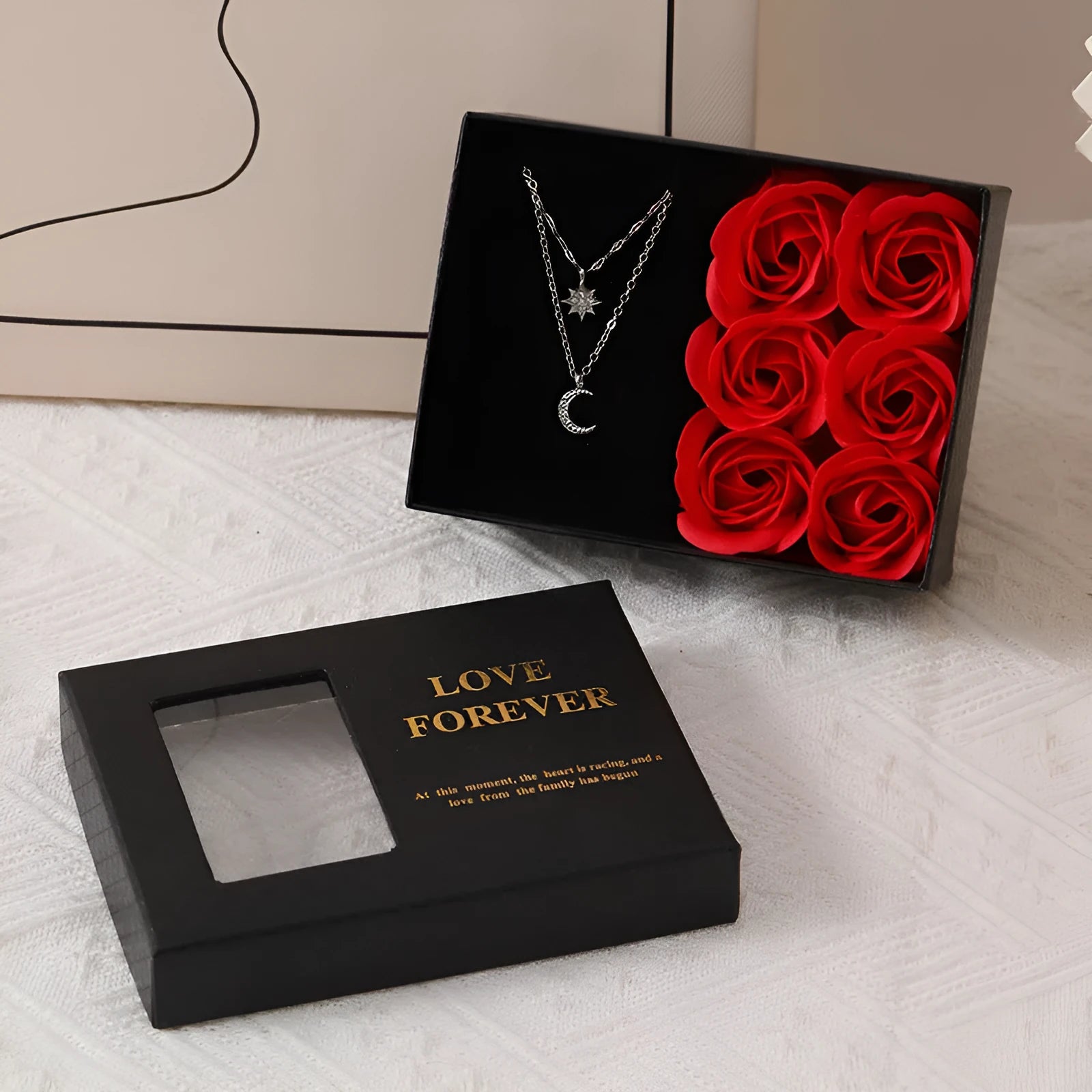 Korean style soap flower gift box set with six roses in red, pink, or black, including a presentation box and handbag.