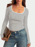 Women's square collar cotton pullover top in slim fit with long sleeves