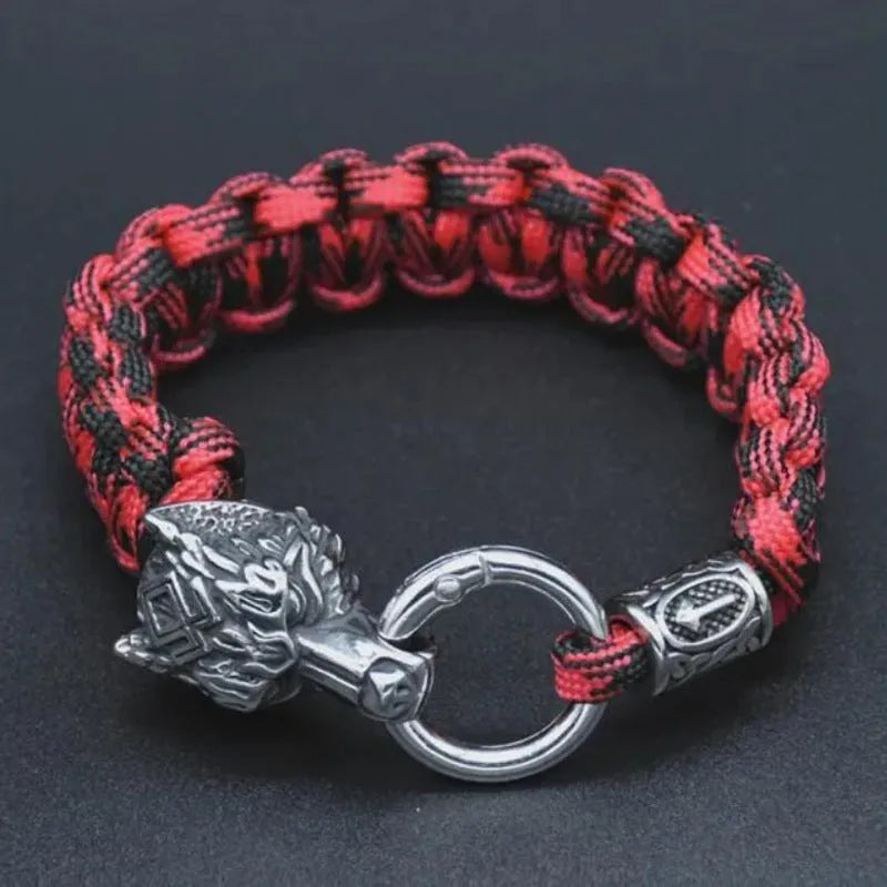 Handmade stainless steel wolf head bracelet with Luen character engraving in camouflage colour.