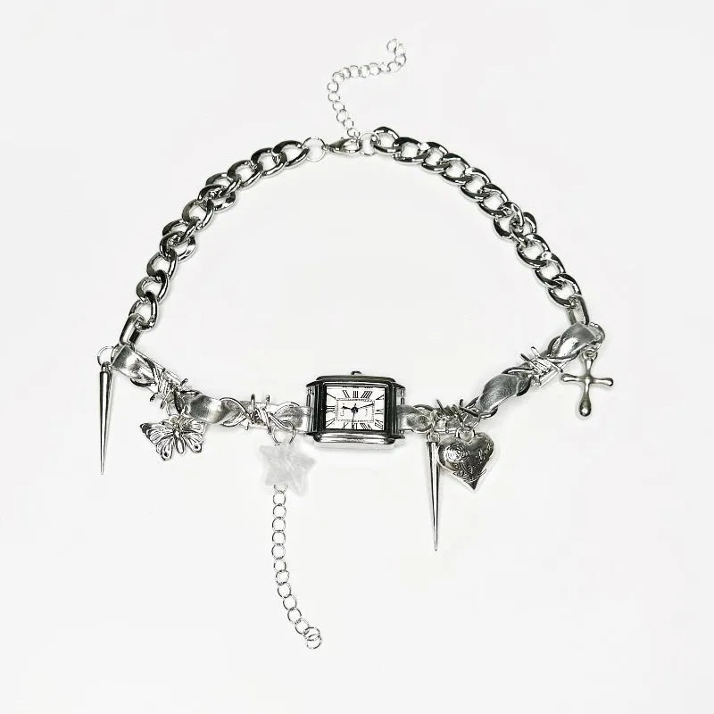 Dark multi-layer cross necklace with twin clavicle chains and hemp flower chain details