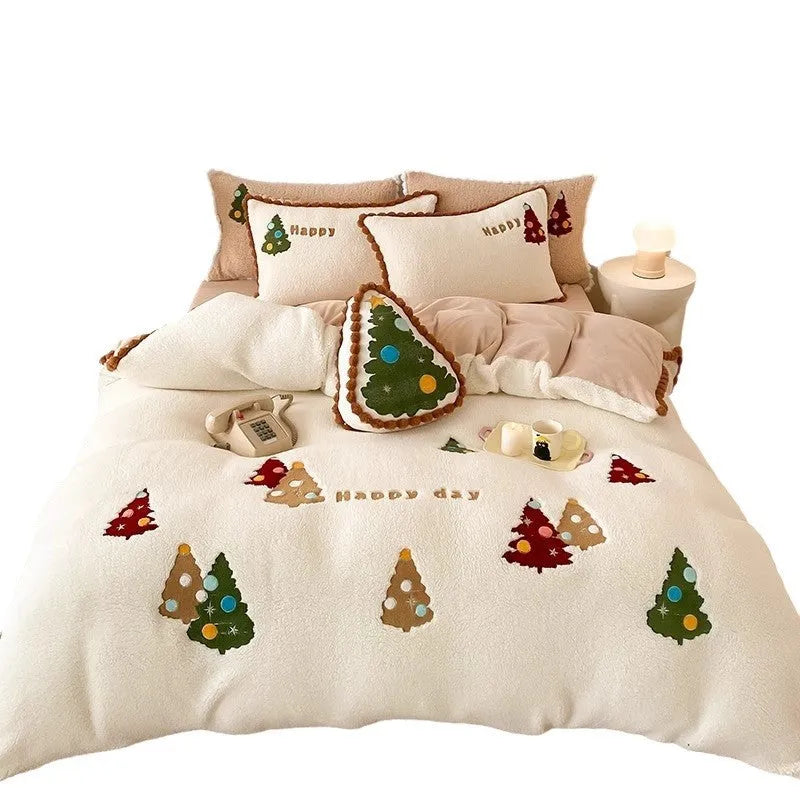 Bright yellow Christmas tree embroidery bedding set with fleece lining, showing quilt cover and pillowcases