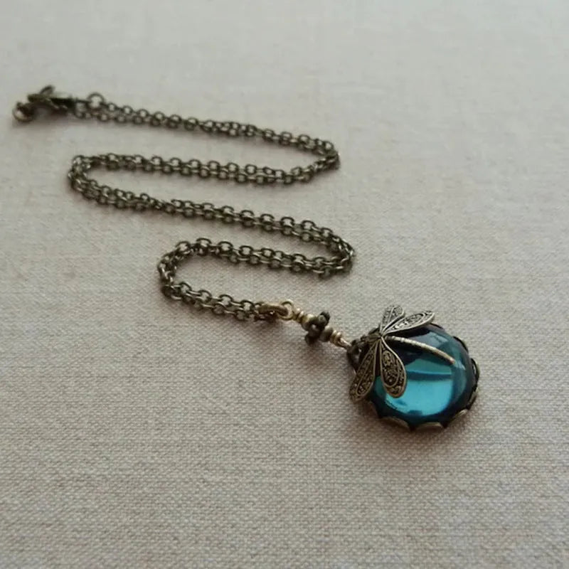 Yellow vintage bronze dragonfly pendant necklace with hand-carved 925 silver detail