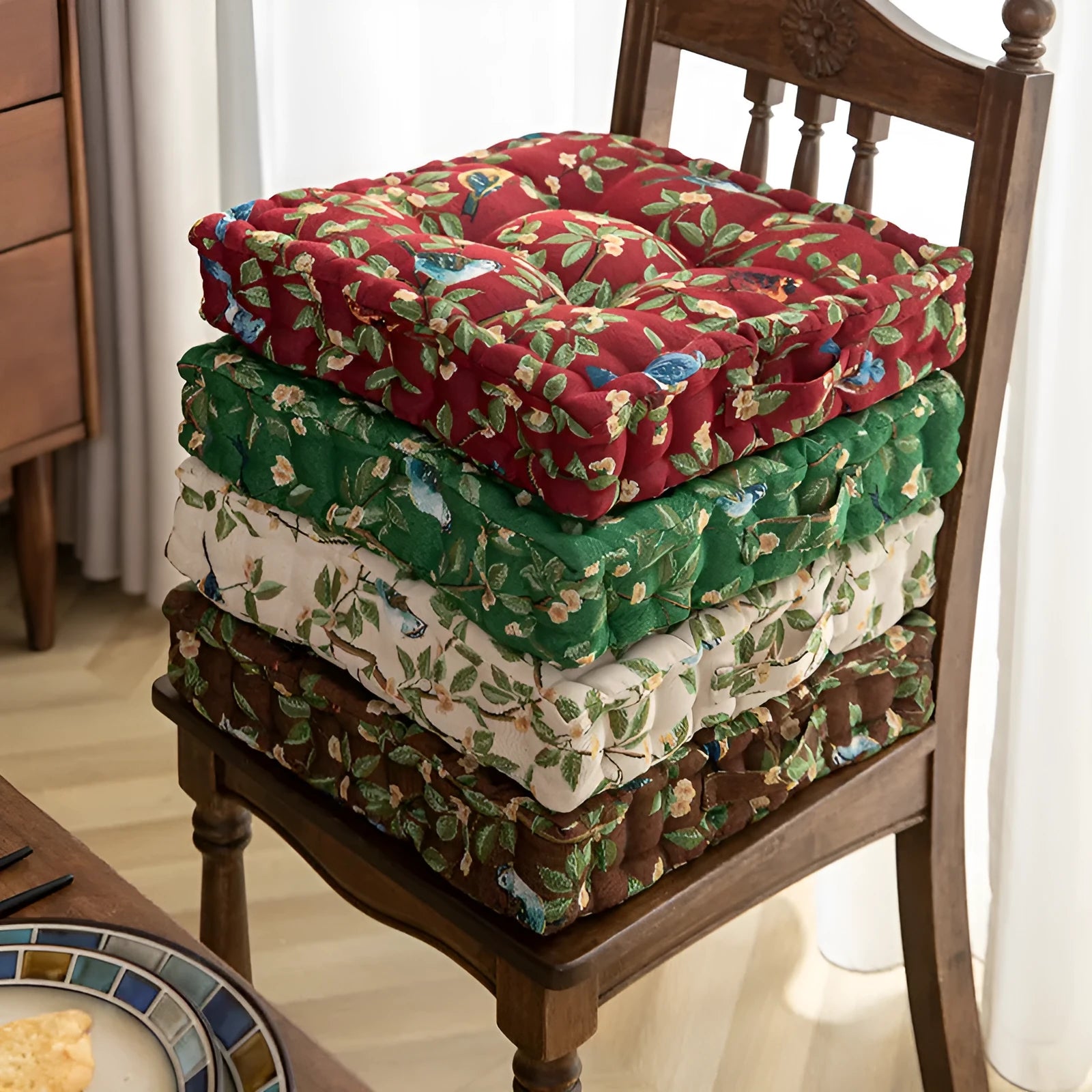 American style square dining chair cushion in apricot colour with floral bird pattern, showing 8cm thickness.