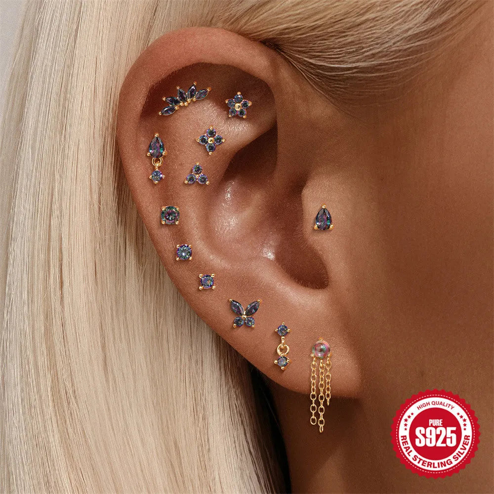 Geometric S925 sterling silver threaded stud earring with a flat head featuring a rainbow stone.