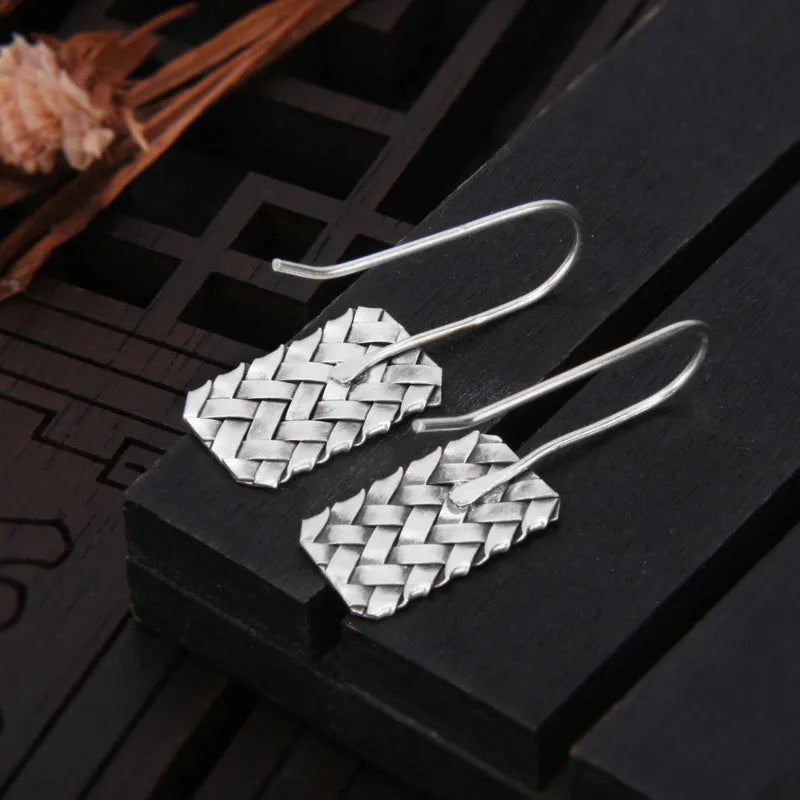 925 silver geometric woven plaid diamond earrings measuring 17.5mm by 11mm