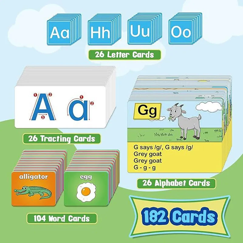 Large blue alphabet learning chart with scattered letter cards, word cards, and picture cards for children.