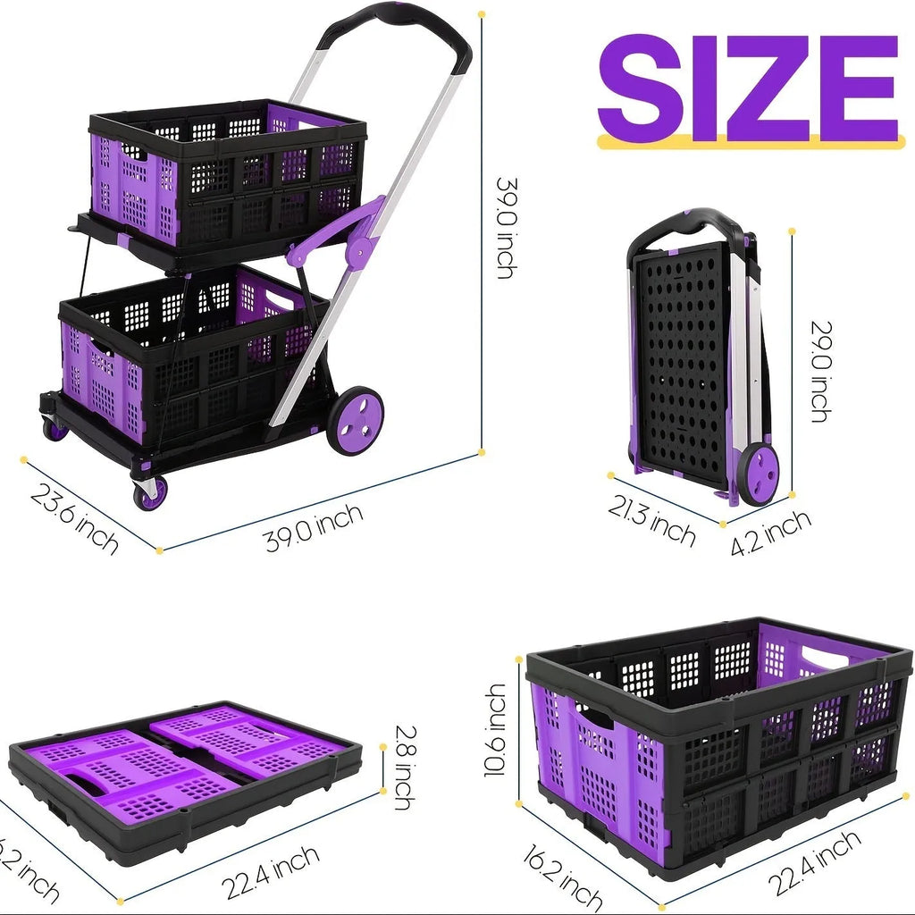 Foldable shopping cart with double-layer plastic basket in blue colour option