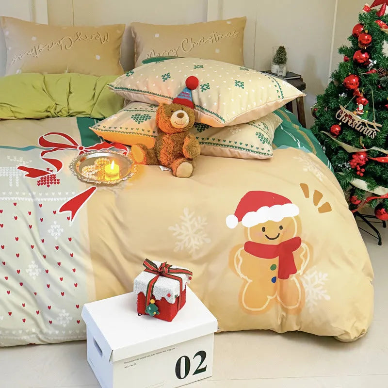 Christmas cartoon printed bedding four-piece set showing gingerbread man design on super soft washed cotton