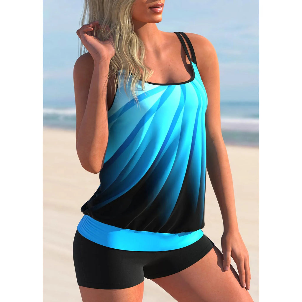 Plus size women's swimsuit set with butterfly print including strapped top and matching shorts