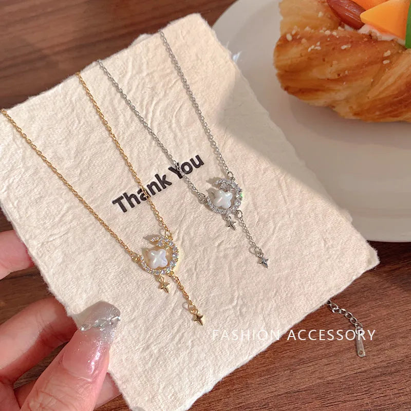 Gold and silver star moon sparkling zirconium necklace on an adjustable copper chain for women.