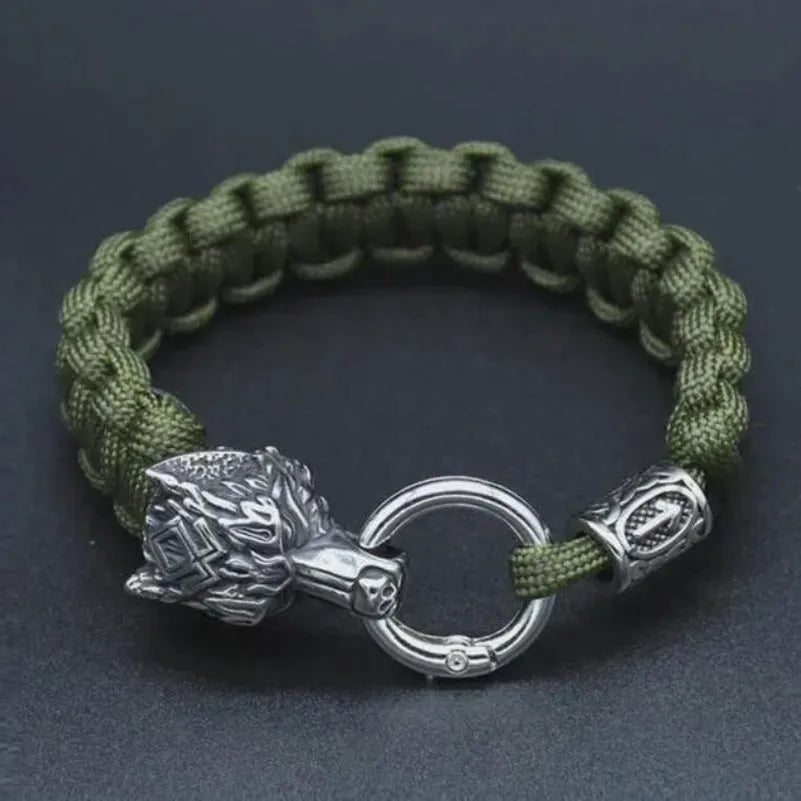 Handmade stainless steel wolf head bracelet with Luen character engraving in camouflage colour.